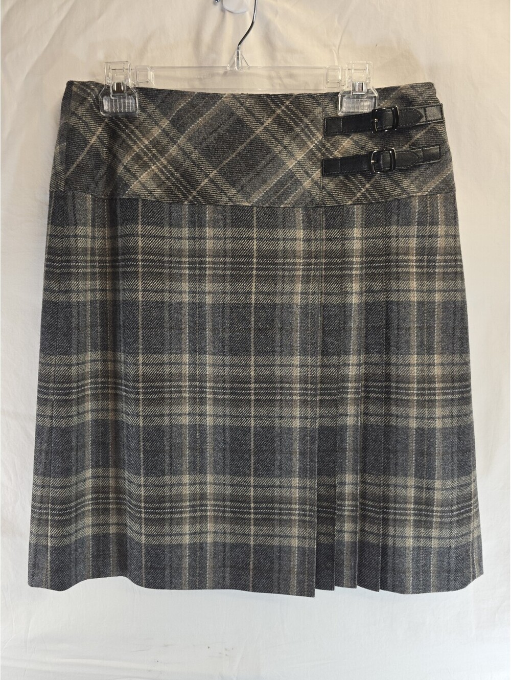 Vintage Gerry Weber Edition Gray Plaid Wool Pleated Skirt Women's US 10